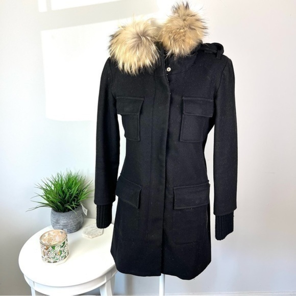 SAM Parka Womens size small Black Campus Jacket Wool Blend Hooded Fur Collar - Picture 2 of 15